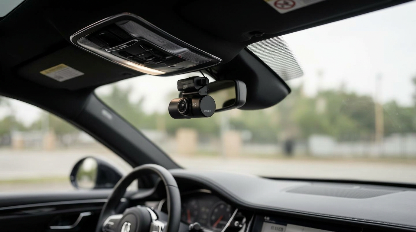 Premium 4K dashcam professionally installed behind rear-view mirror