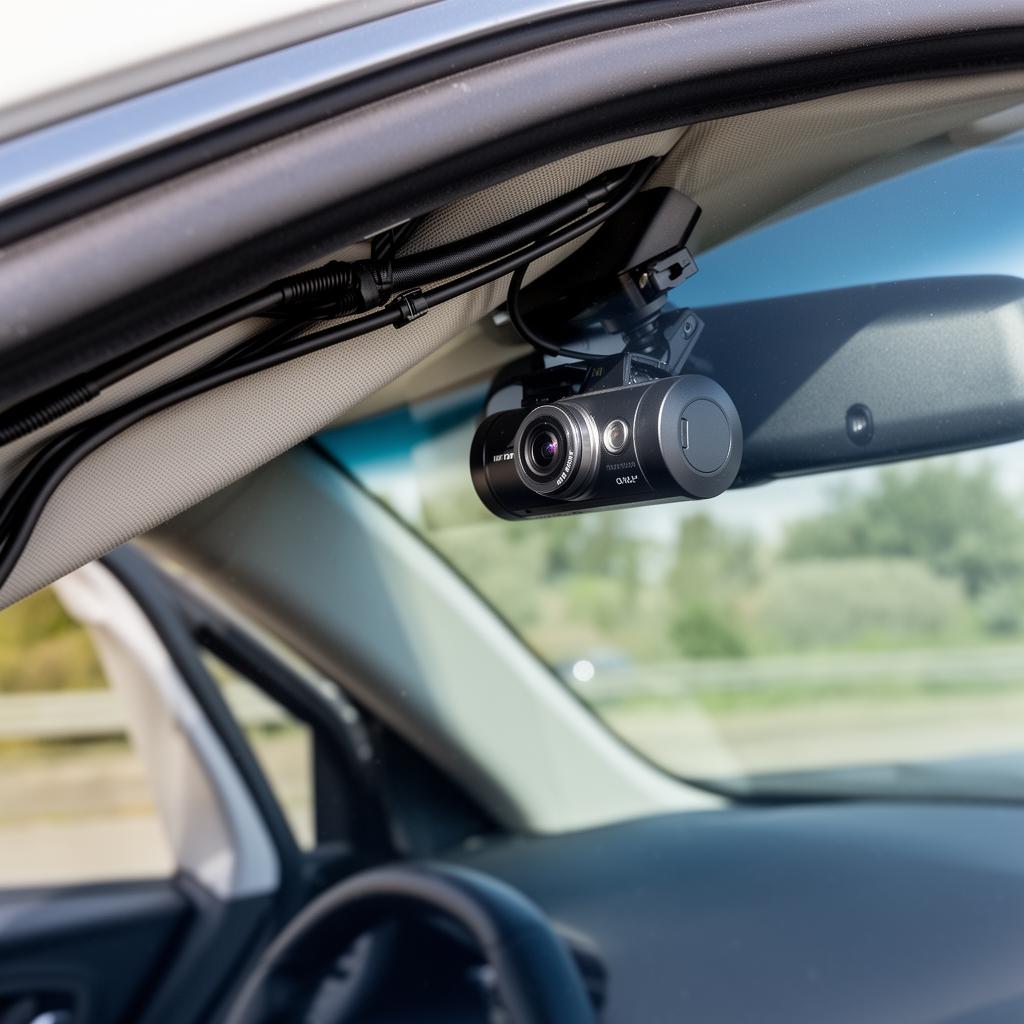 Professional windshield dashcam installation in Sydney — clean factory finish behind rear-view mirror